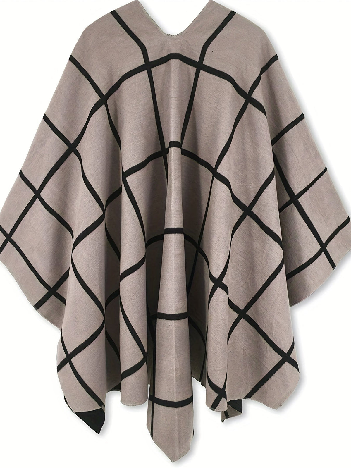 Damen Poncho Kariert Beigefarben mit Schwarz Gittermuster Wickel-Design