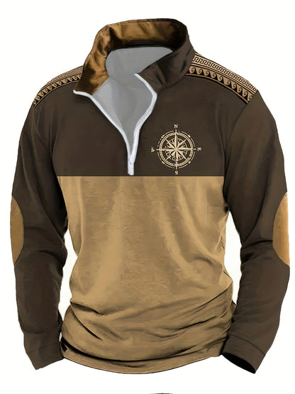 Herren Halbarm-Pullover mit Reißverschluss, Kompass-Motiv & Ellbogen-Patches, Zweifarbig