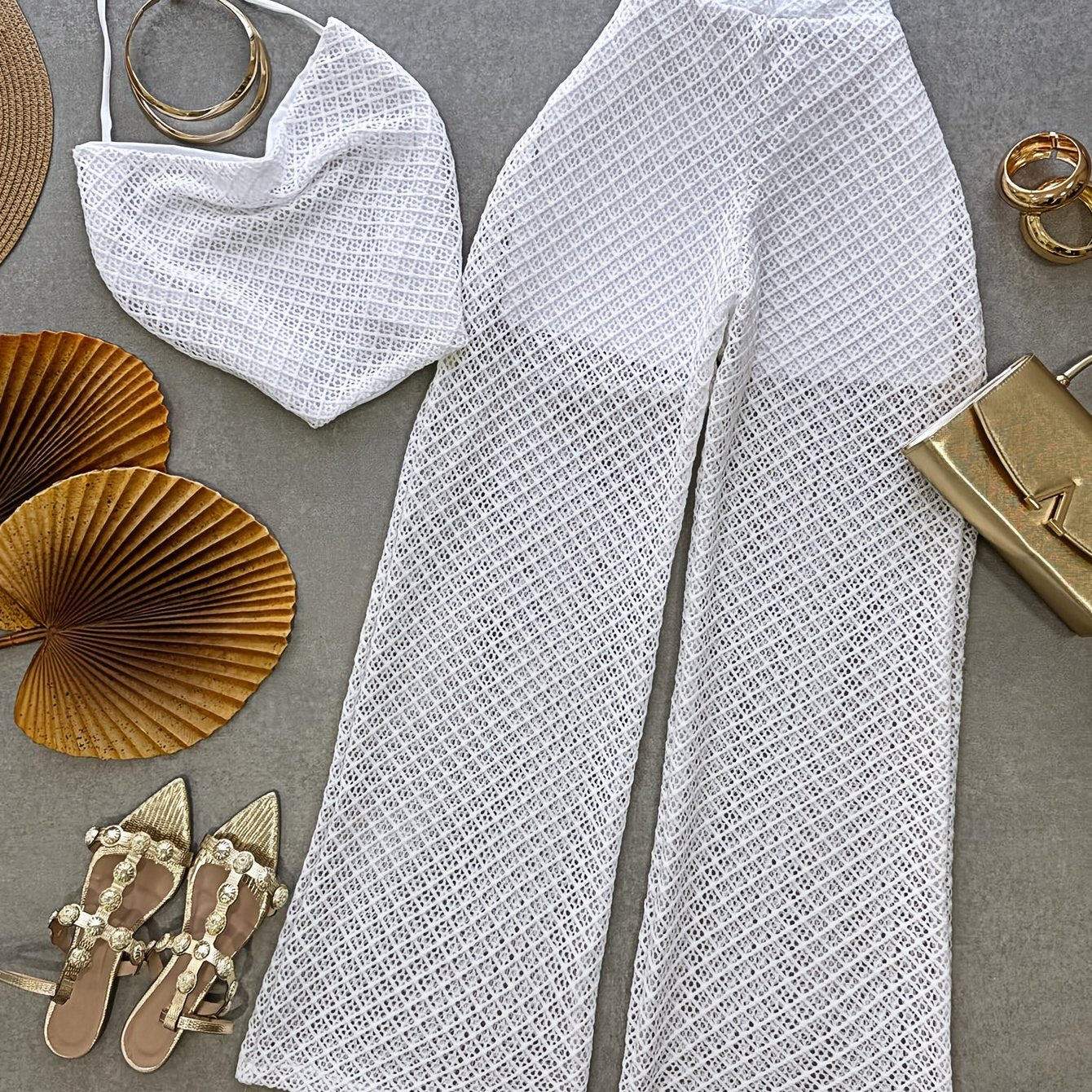 Damen Set Elegantes Häkel-Outfit mit Top und weiter Hose – Stilvolles Strand- & Urlaubsensemble