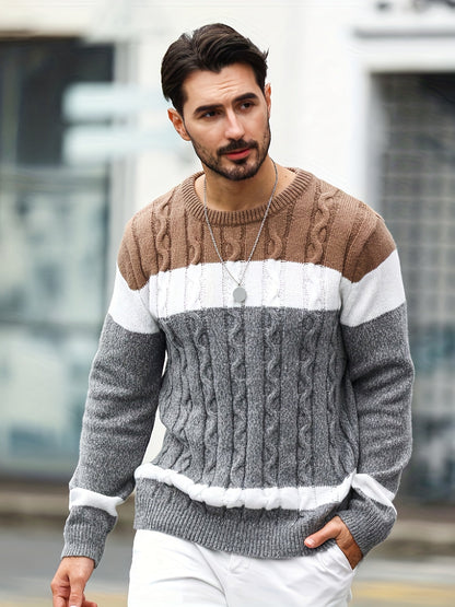 Herren Grobstrick Pullover mit Zopfmuster und Farbblöcken