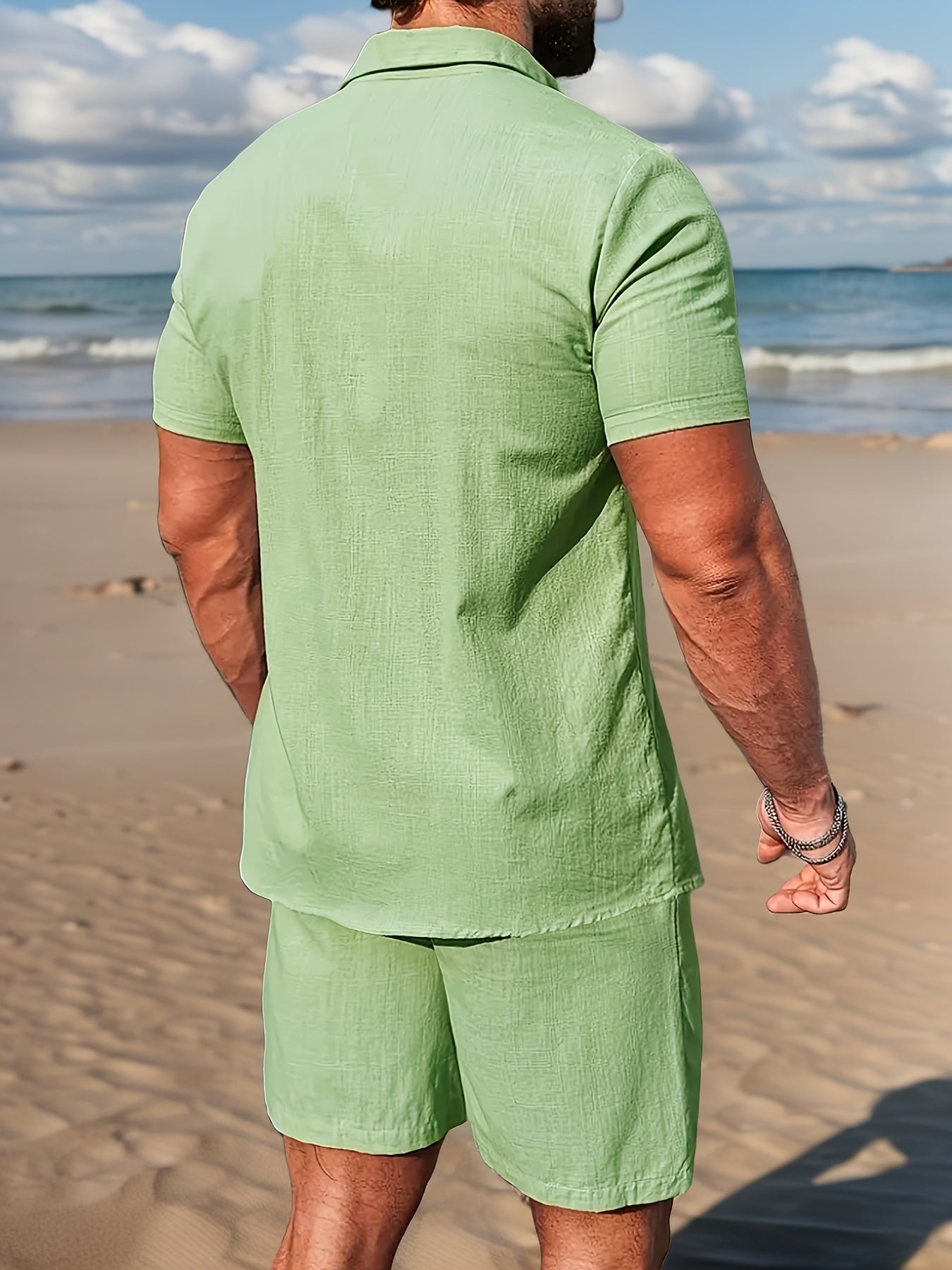 Herren Leinen-Look Strand Outfit Set – Kurzarm Hemd & Shorts, Lässig Sommer Boho