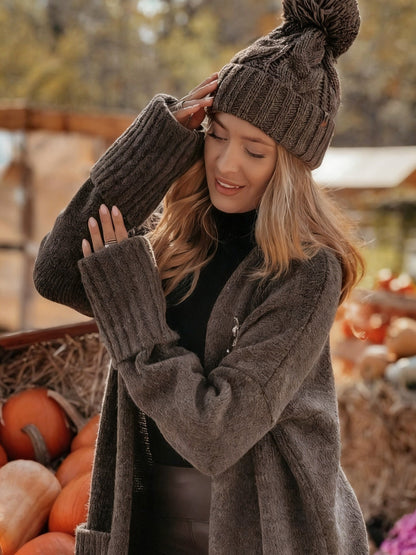 Damen Langer Strick-Cardigan mit Taschen und langen Ärmeln Braun