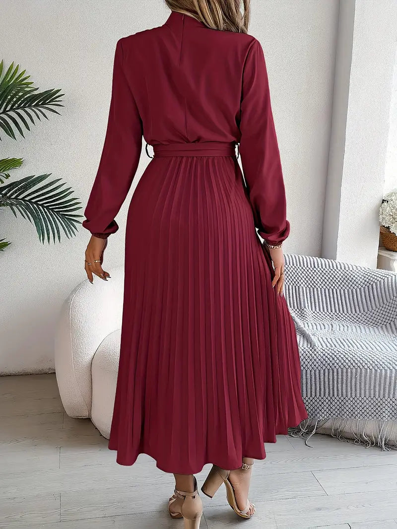 Damen Midikleid mit Faltenrock und Bindegürtel – Eleganter Alltags- und Büro-Look