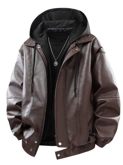 Herren Bomberjacke mit Kapuze, Glatte Oberfläche, Braun/Schwarz