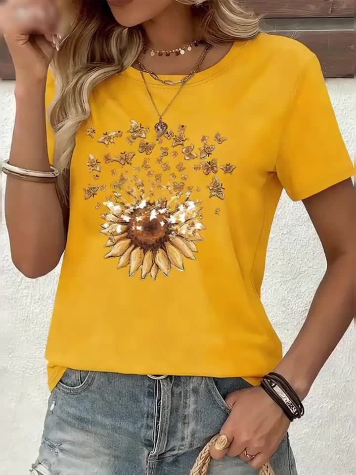 Damen T-Shirt mit Sonnenblume und Schmetterlingen – Casual Sommer Oberteil, Modisches Print-Shirt