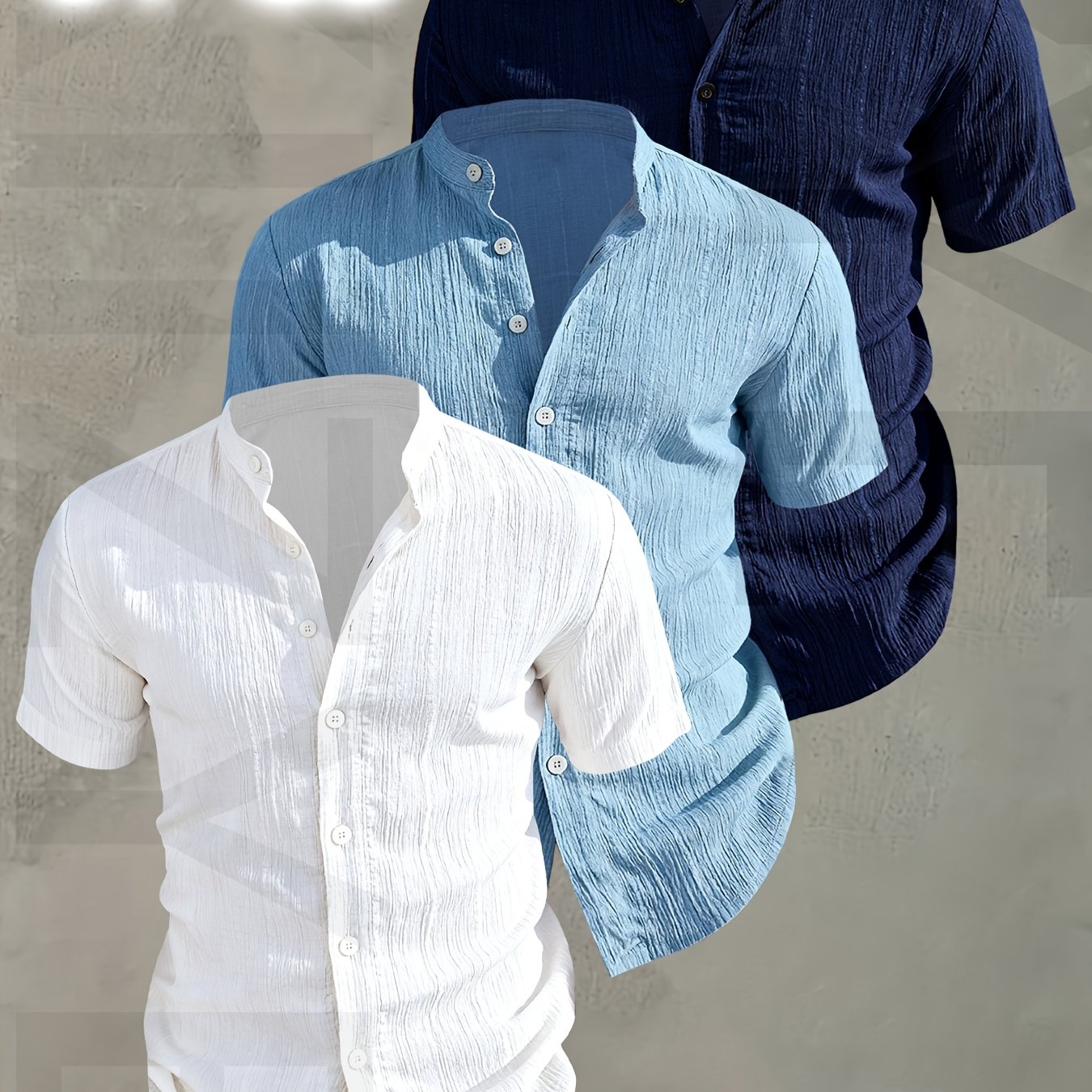 Herren 3er-Pack Stehkragen Hemden – Modischer Freizeit Look, Kurzarm, Knopfleiste