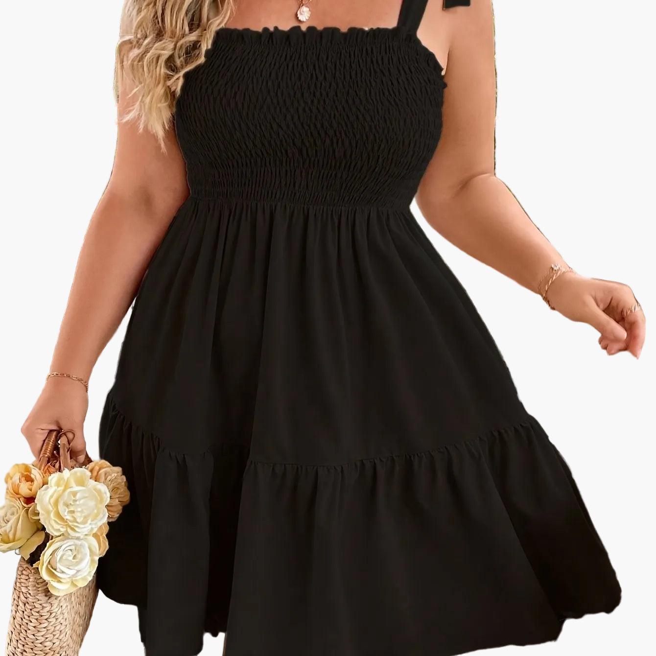 Damen Sommer Freizeitkleid mit Smok-Top und Schleifen-Trägern – Ideal für Urlaub und Alltag