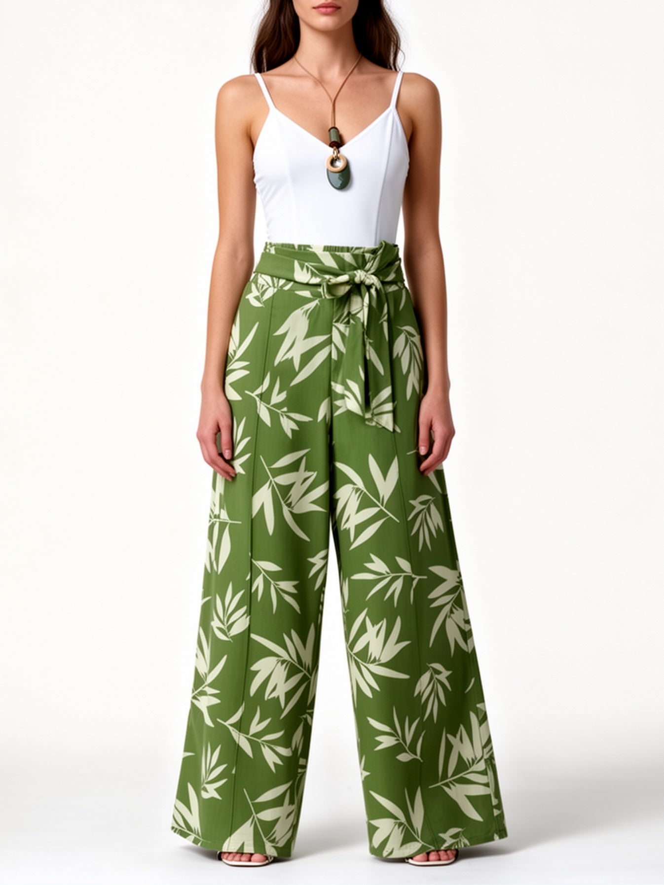 Damen Elegante Weitbein-Hose mit Bindegürtel und Tropenprint – Perfekt für Sommer und Freizeit