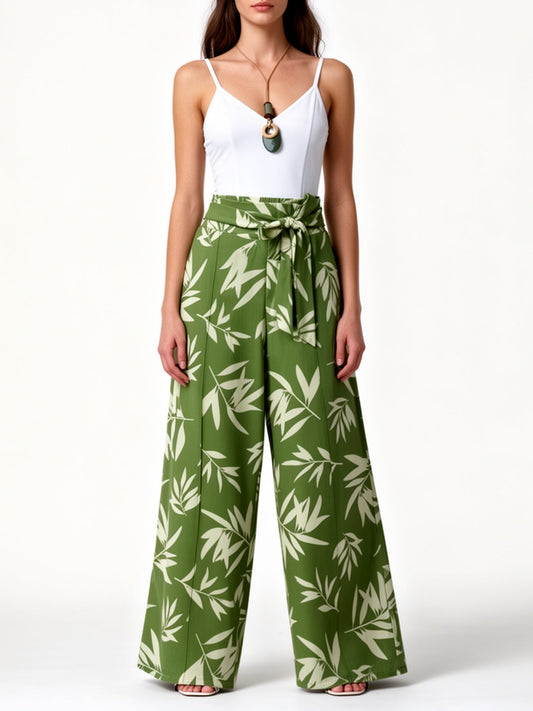 Damen Elegante Weitbein-Hose mit Bindegürtel und Tropenprint – Perfekt für Sommer und Freizeit