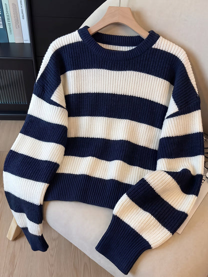 Damen Strickpullover Gestreift Schwarz Weiß Rundhals Oversize Ärmel