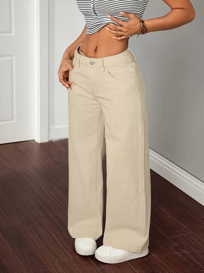 Damen Baggy Hose Beige High Waist Weites Bein Jeans-Stil