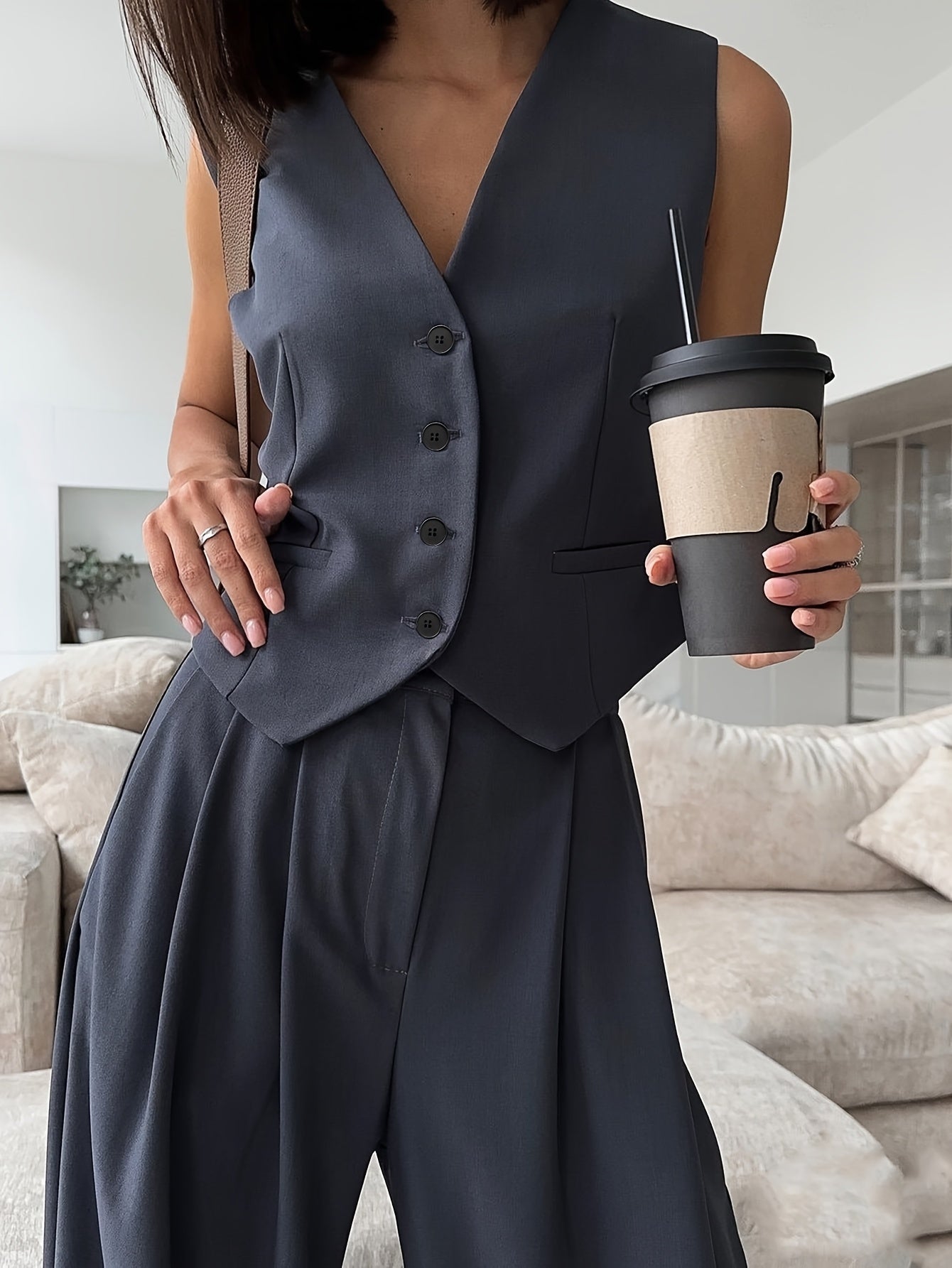Damen Eleganter Business Anzug mit Weste und Weiten Hosen – Perfekt für Büro & Alltag