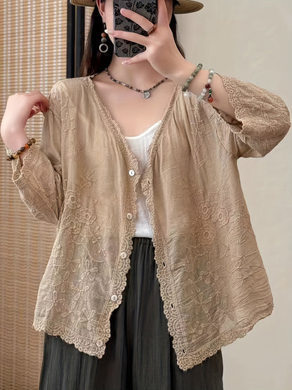 Damen Kurzarm Bluse mit V-Ausschnitt, Stickerei & Spitzenbesatz, Knopfleiste
