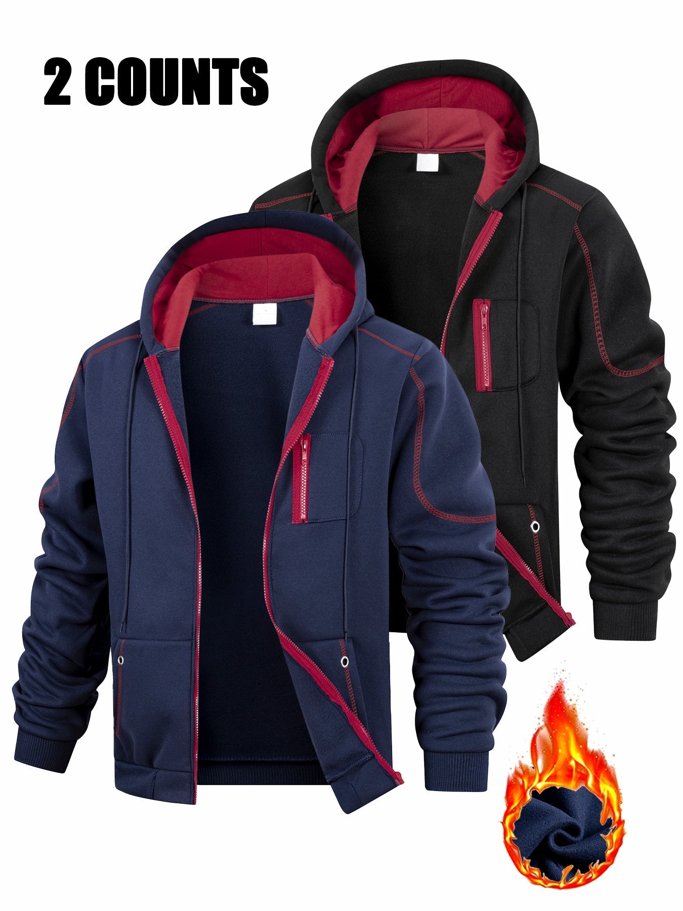 Herren Hoodie mit Reißverschluss 2er-Set, Kontrastnähte & Kapuze, Sport Freizeit