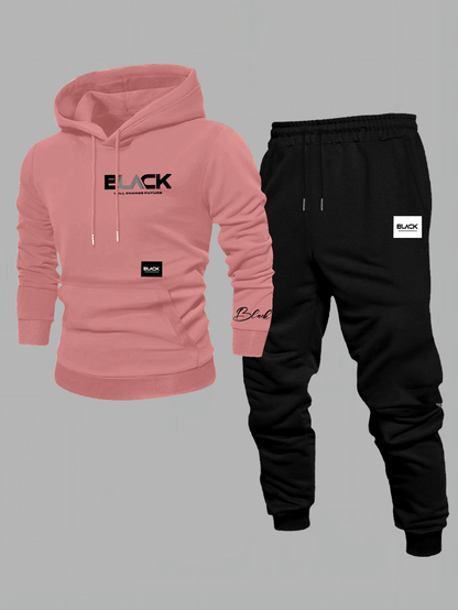 Unisex Trainingsanzug Hoodie & Jogginghose Set Schwarz mit Aufdruck