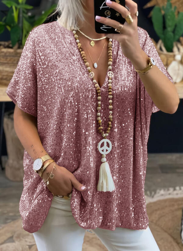 Damen Pailletten Tunika mit V-Ausschnitt – Glitzerndes Oversize-Shirt für festliche Anlässe