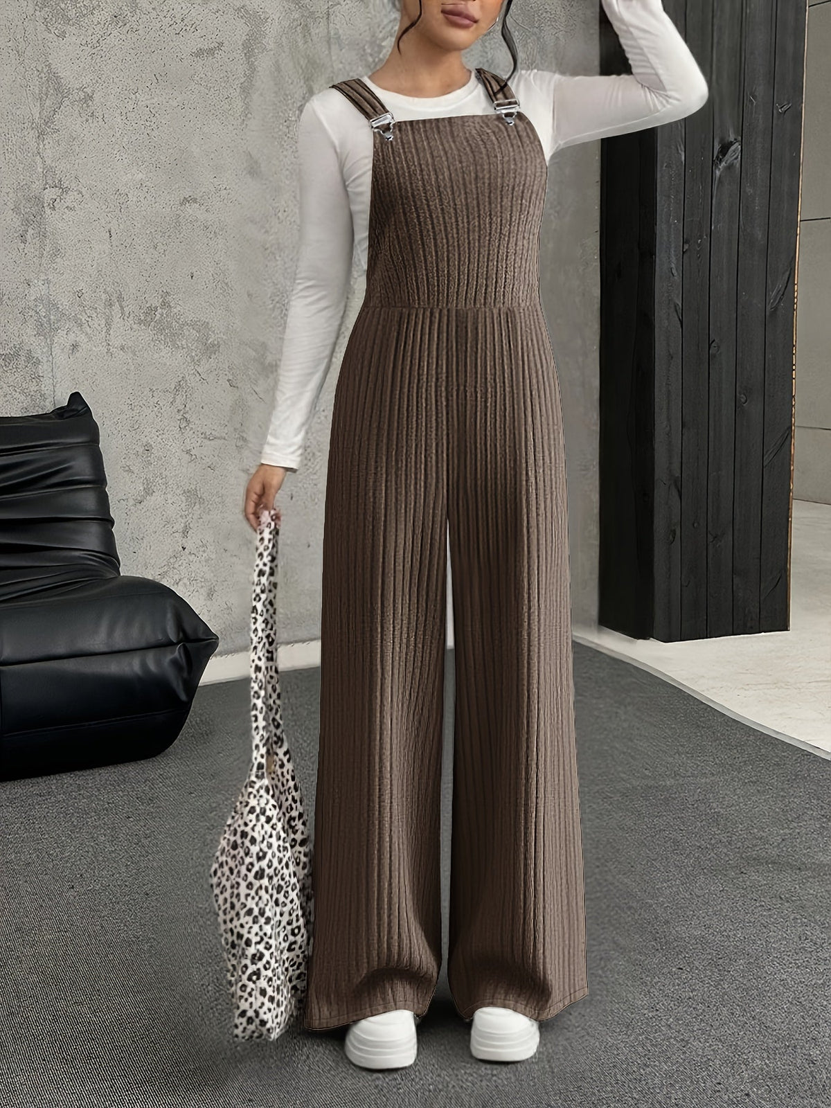 Damen Gerippter Latzhose Jumpsuit Grau Weites Bein
