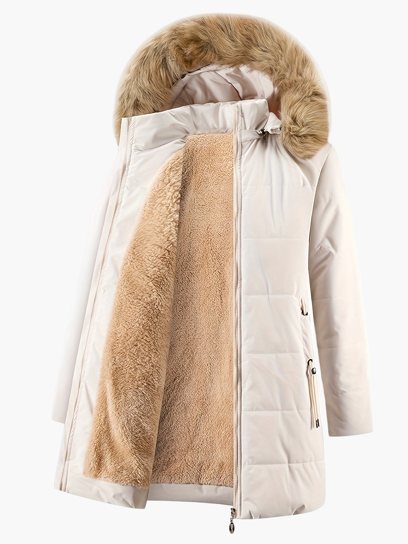Damen Winter Steppmantel mit Kunstfellkapuze und Teddyfutter – Eleganter Alltagsmantel für kalte Tage