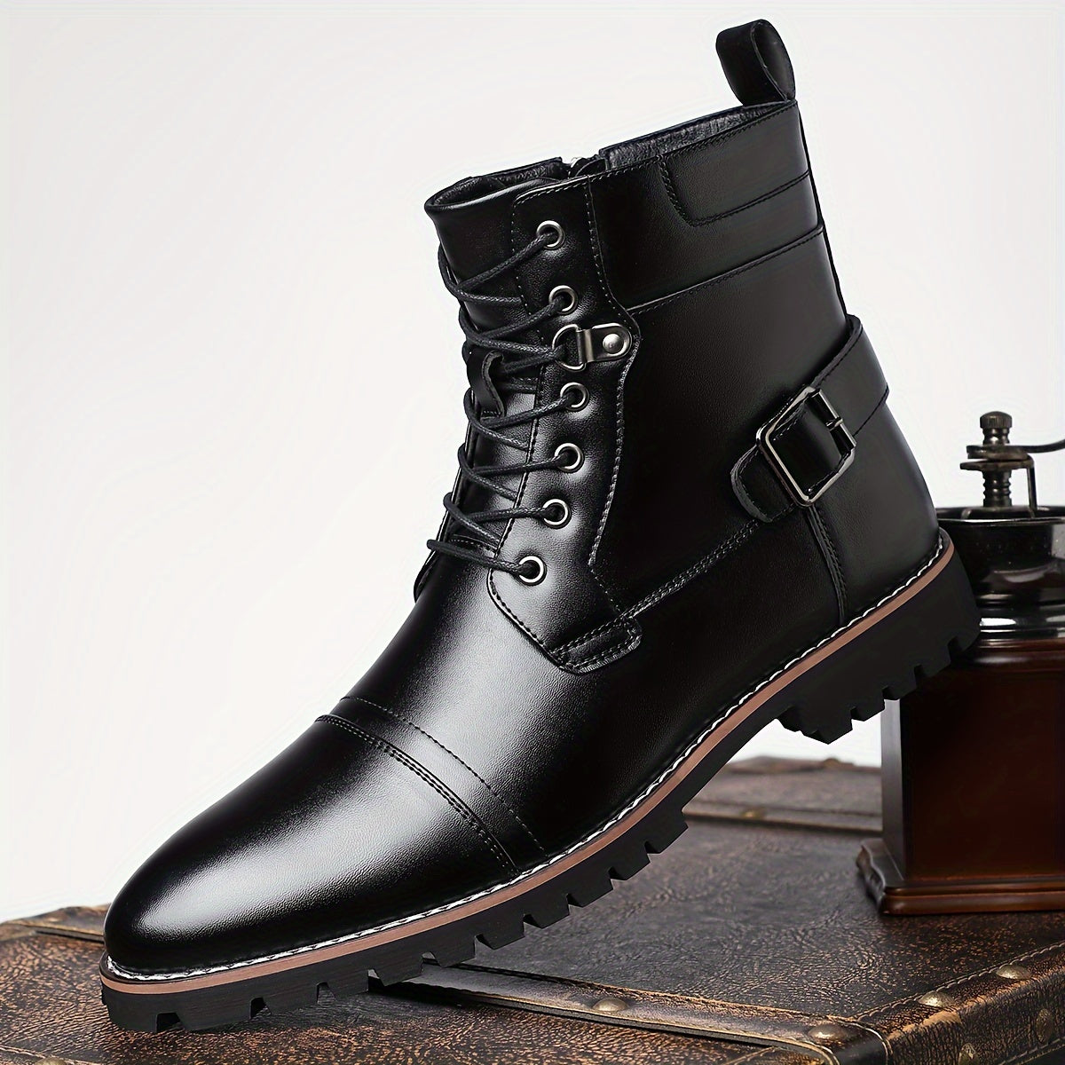 Herren Schnürstiefel Schwarz mit Schnalle und Reißverschluss