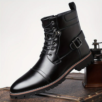 Herren Schnürstiefel Schwarz mit Schnalle und Reißverschluss