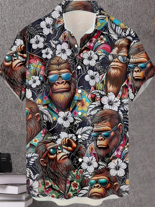 Herren Hawaiihemd mit Gorillamotiv und tropischem Print – Lustiges Sommer Freizeithemd