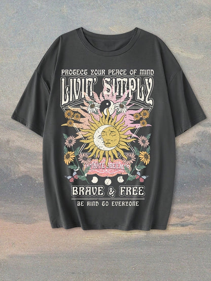Damen T-Shirt im Boho-Stil mit Sonnendruck und inspirierendem Spruch – Freizeit & Yoga