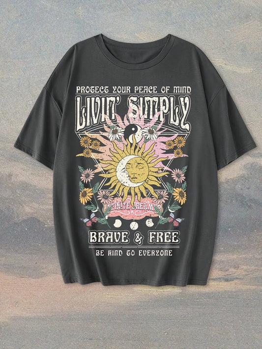 Damen T-Shirt im Boho-Stil mit Sonnendruck und inspirierendem Spruch – Freizeit & Yoga