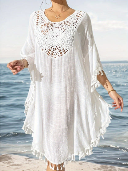 Damen Strand Kaftan Poncho mit Häkel-Details und Fransen – Eleganter Badeüberwurf