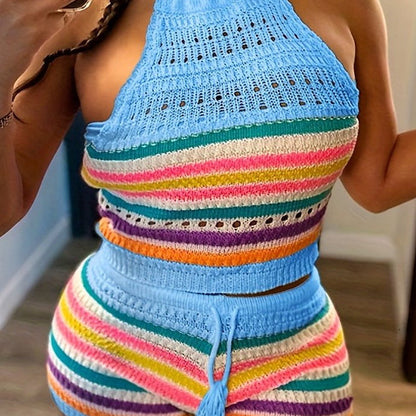 Damen Häkel-Strick Zweiteiler Set – Trendiges Y2K Outfit mit Haltertop und Shorts, Ideal für Sommer & Freizeit