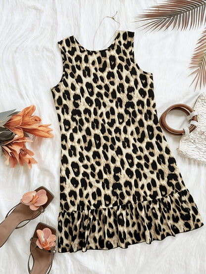 Damen Sommerkleid im Leopardenmuster – Ärmelloses Freizeitkleid mit Volant für Strand und Alltag