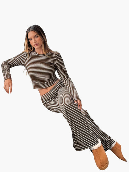 Damen Freizeit Zweiteiler Set – Gestreiftes Langarmshirt und Hose, Bequem & Modisch für Alltag und Lounge