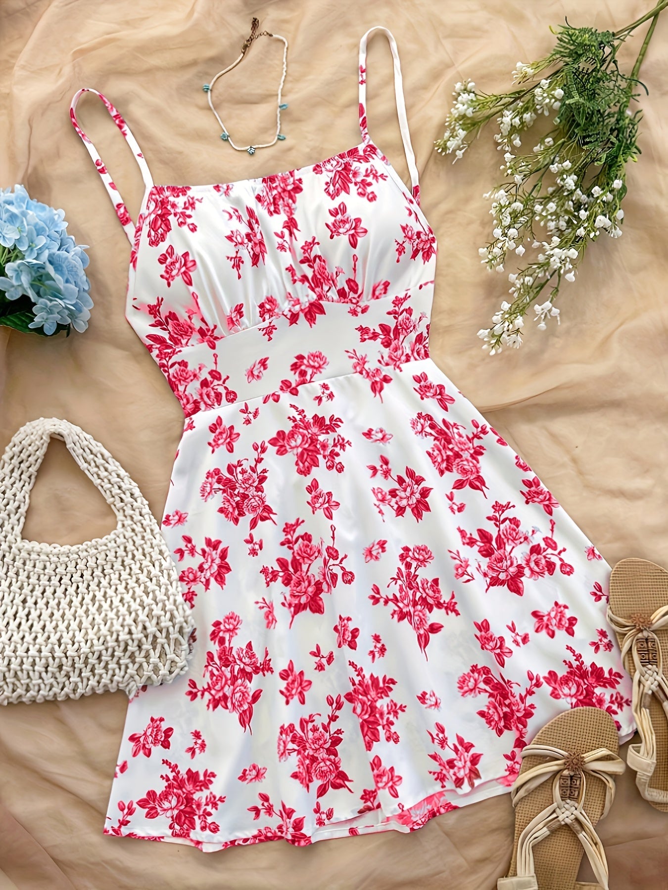Damen Sommerkleid mit floralen Print und Spaghettiträgern – Perfekt für Urlaub und Freizeit