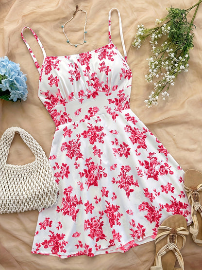 Damen Sommerkleid mit floralen Print und Spaghettiträgern – Perfekt für Urlaub und Freizeit