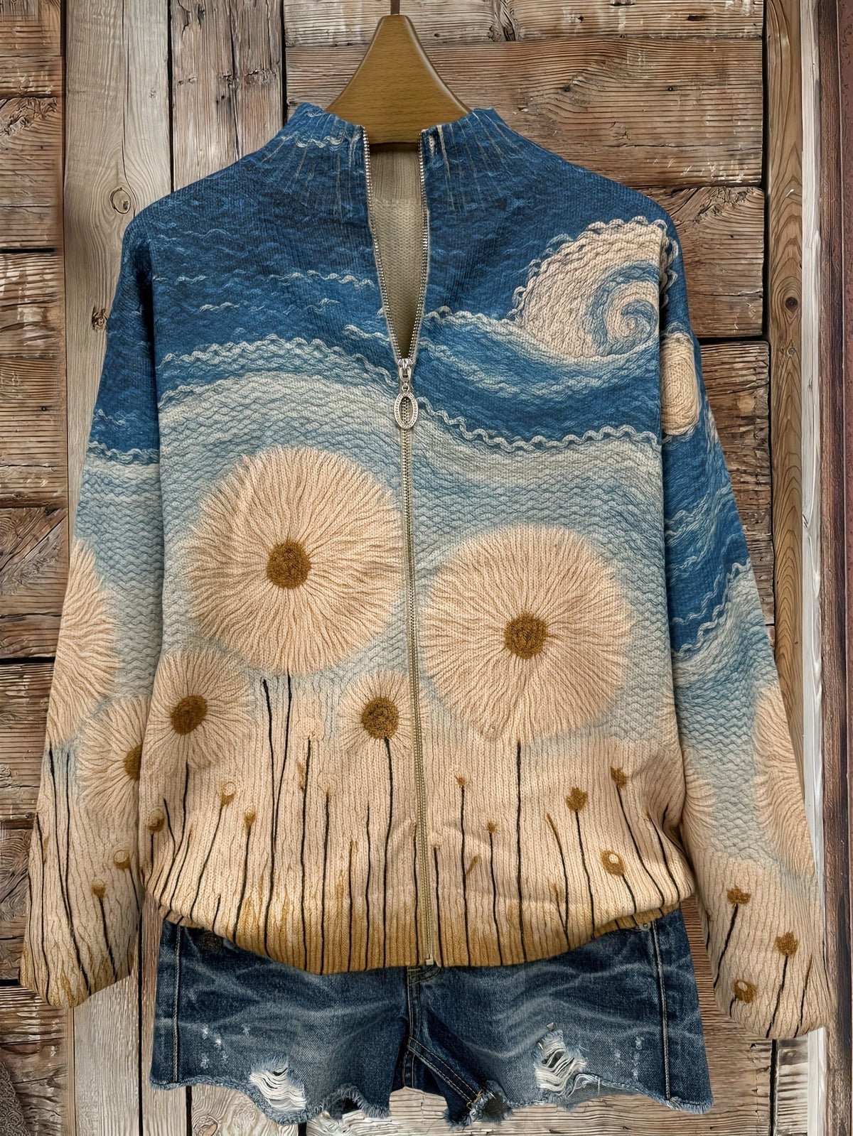 Damen Strickjacke mit Reißverschluss, floralem Design und Stehkragen