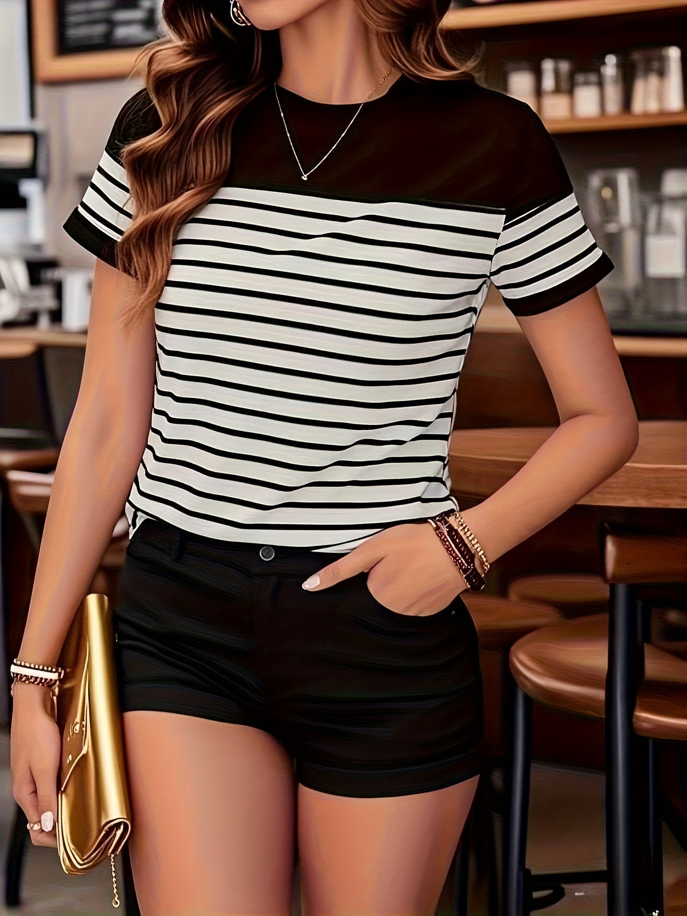 Damen Streifen T-Shirt mit Kurzarm und Modernem Design – Casual Chic für Alltag und Freizeit
