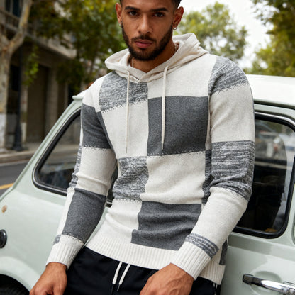 Herren Hoodie Pullover im Patchwork-Design mit Kapuze und Kordelzug, Strickoptik, Langarm