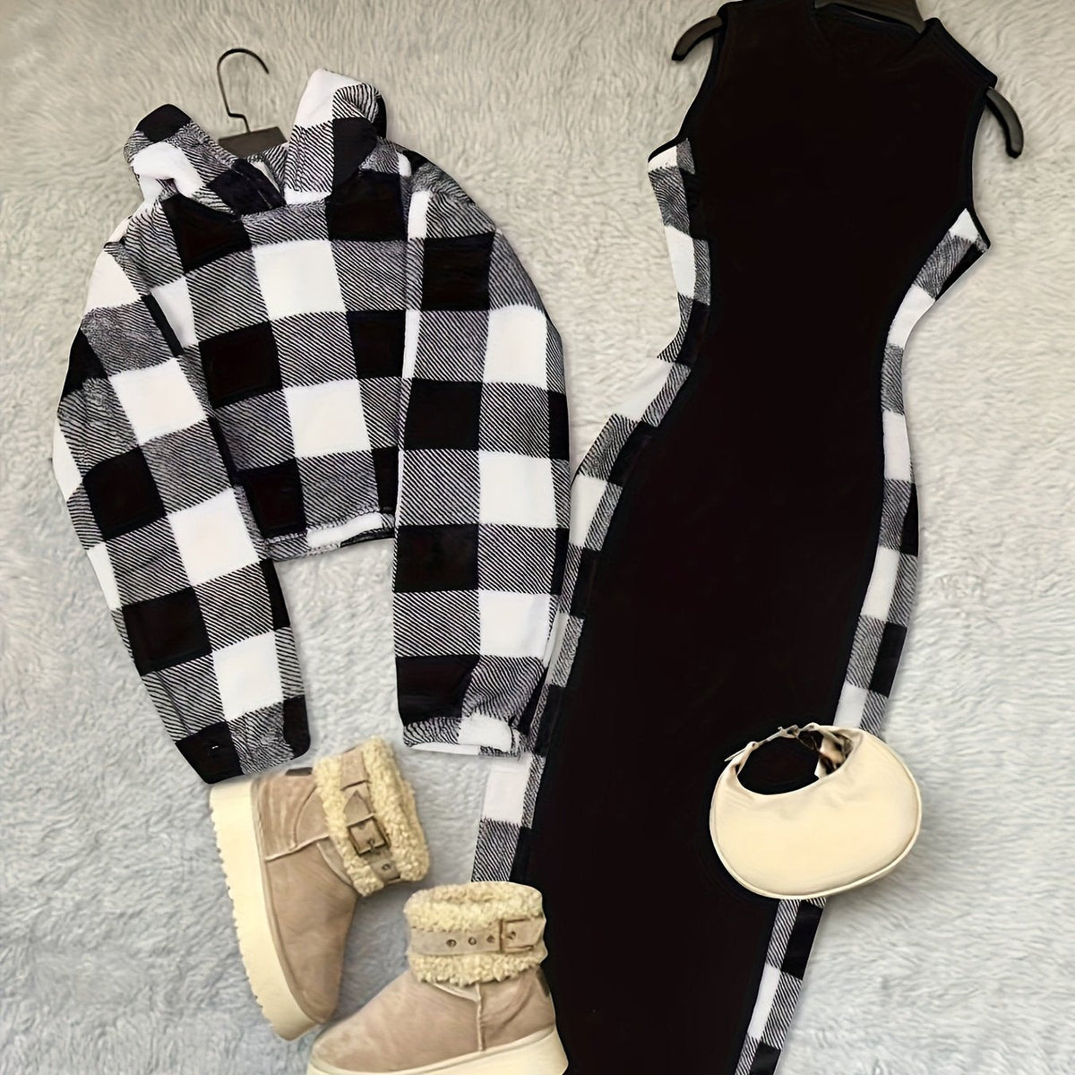 Damen Set Kariert Schwarz-Weiß Crop Hoodie & Ärmelloses Kleid