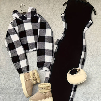 Damen Set Kariert Schwarz-Weiß Crop Hoodie & Ärmelloses Kleid