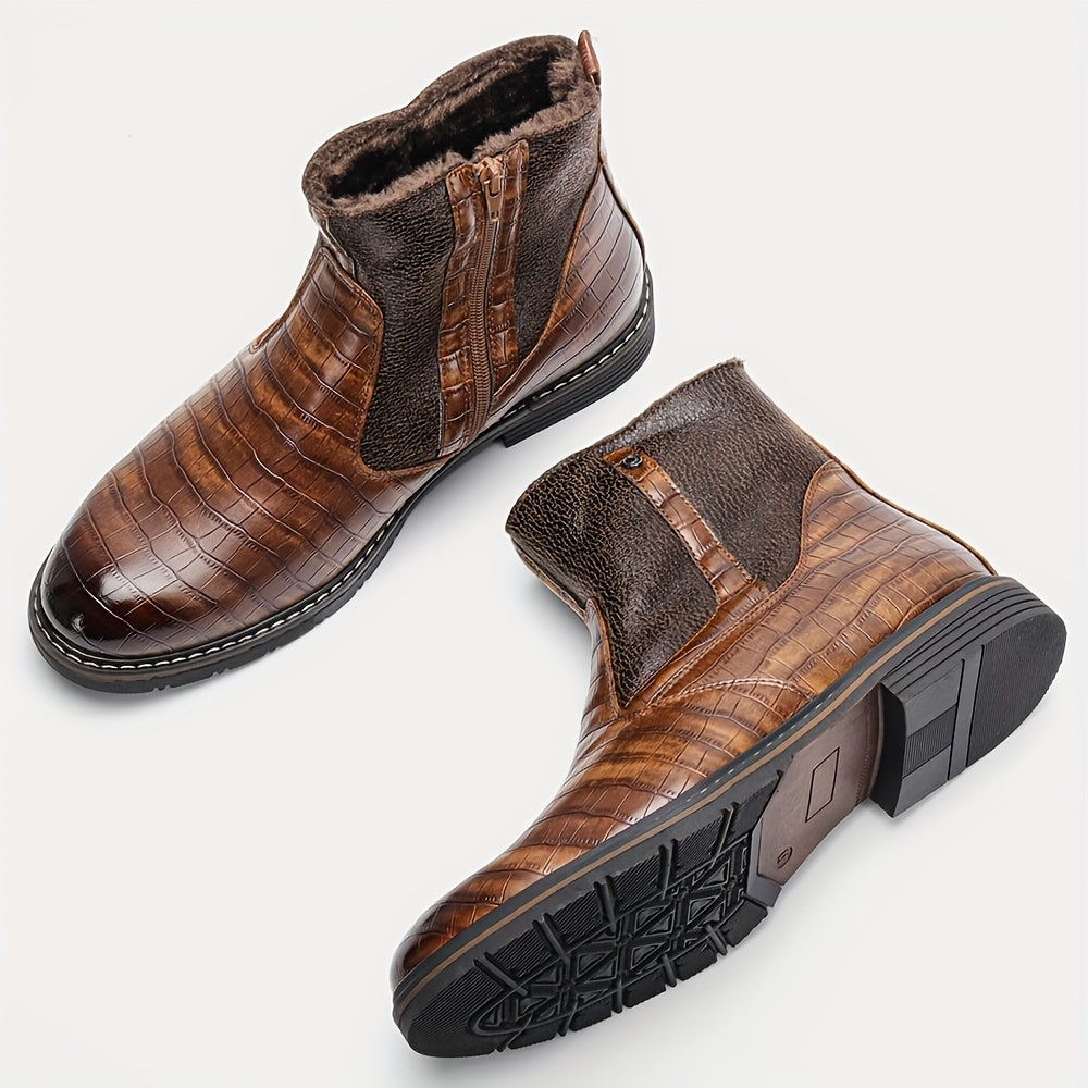 Herren Stiefeletten Braun Kroko-Optik Warm Gefüttert