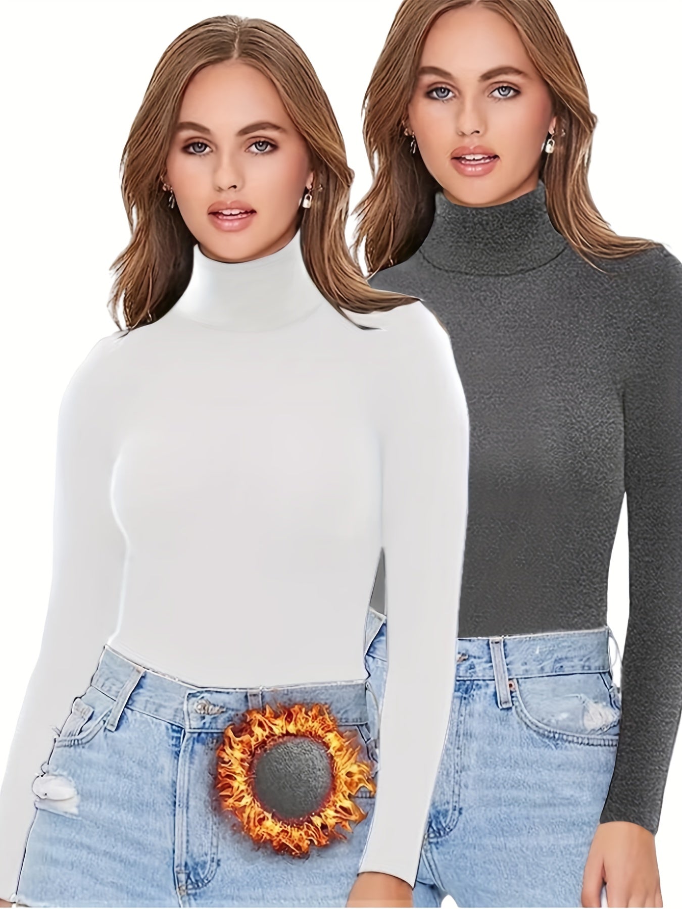 Damen Rollkragenpullover Langarm Shirt Eng Anliegend Schwarz Weiß Grau Mehrfachpack