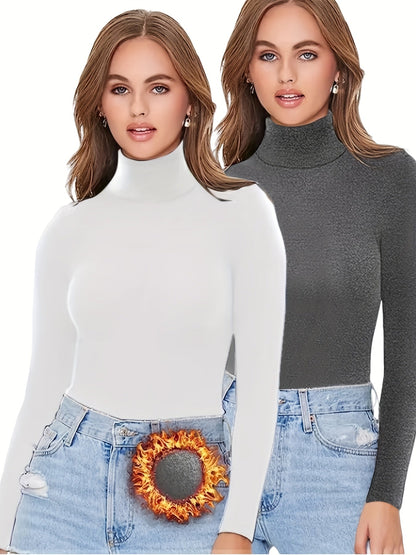 Damen Rollkragenpullover Langarm Shirt Eng Anliegend Schwarz Weiß Grau Mehrfachpack