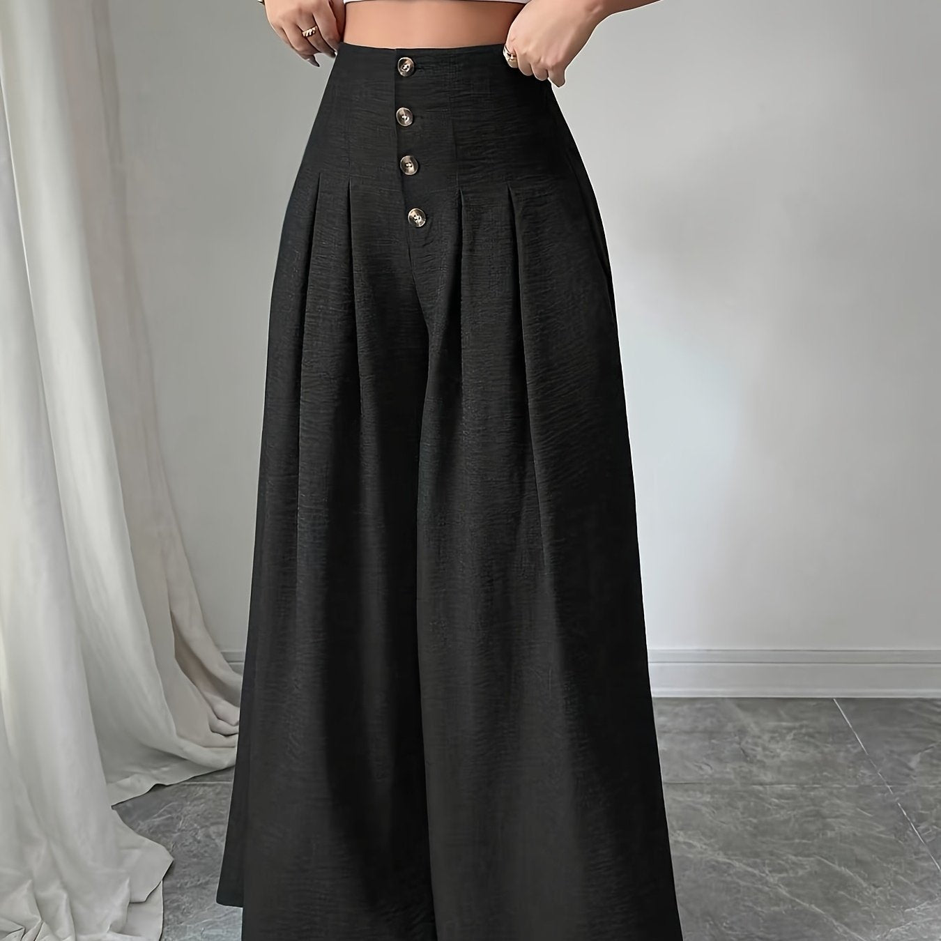 Damen Weitbeinige High-Waist Hose mit Knopfdetail und Eleganten Falten – Modische Business- und Freizeit-Hose