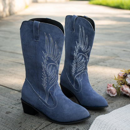 Damen Westernstiefel Blau mit Stickerei Spitz zulaufend Mittelhoher Absatz