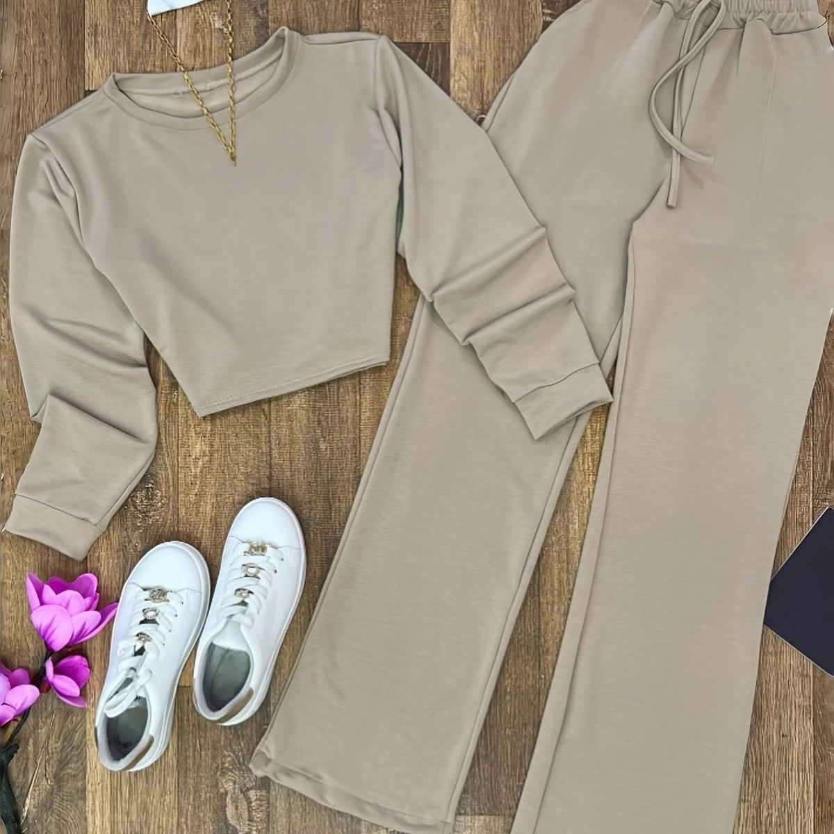 Damen Loungewear Set beige Cropped-Oberteil und weite Hose