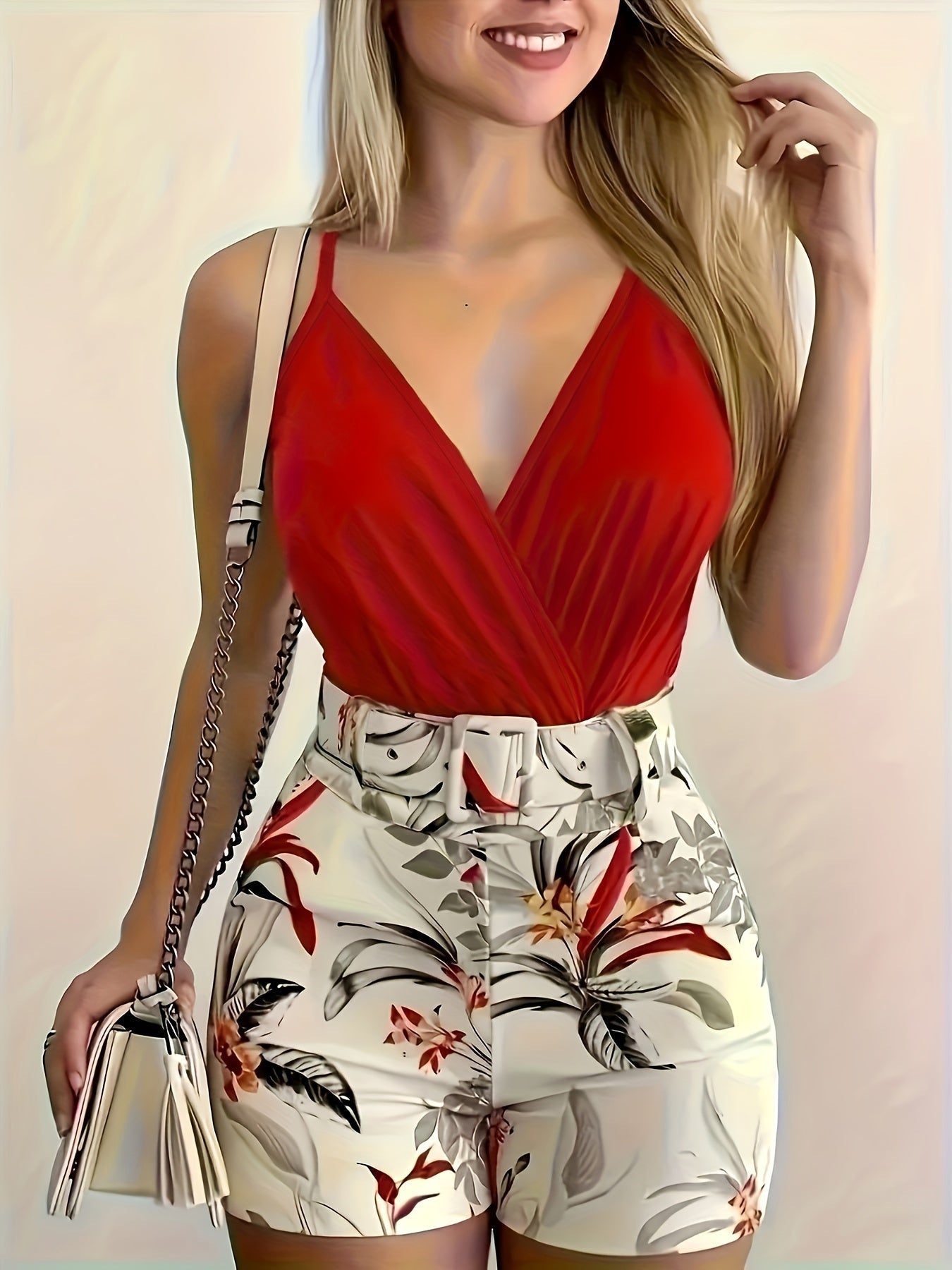 Damen Sommer-Set – Eleganter Jumpsuit mit Blumenmuster und Taillengürtel, Ideal für Freizeit und Urlaub
