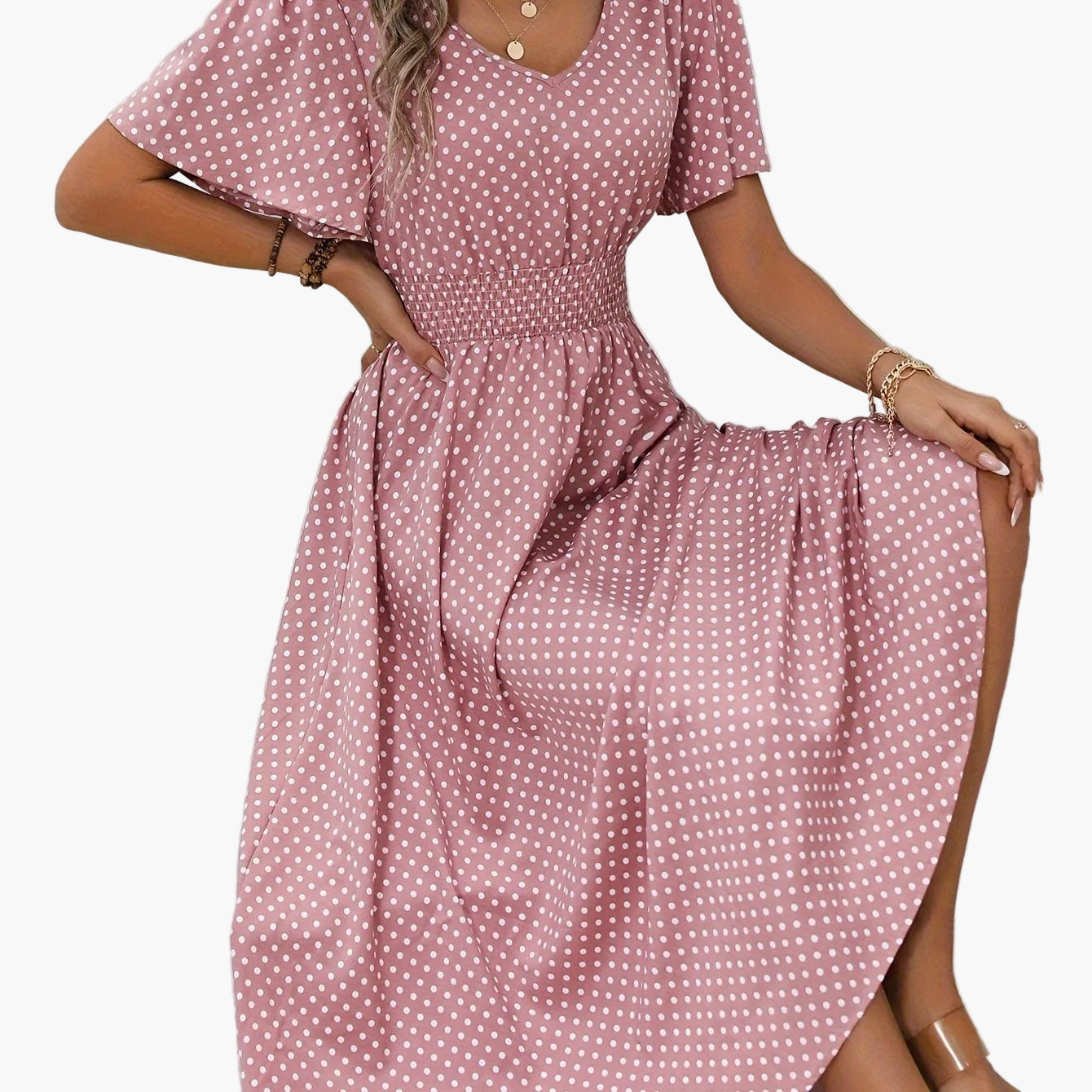 Damen Polka Dot Sommerkleid mit V-Ausschnitt – Elegantes Freizeit Maxikleid