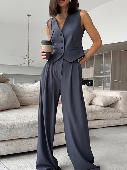 Damen Eleganter Business Anzug mit Weste und Weiten Hosen – Perfekt für Büro & Alltag