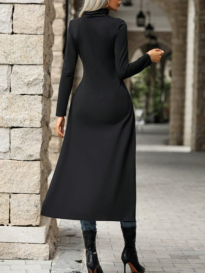 Damen Rollkragen Langarmshirt Schwarz Asymmetrischer Saum Hoher Schlitz
