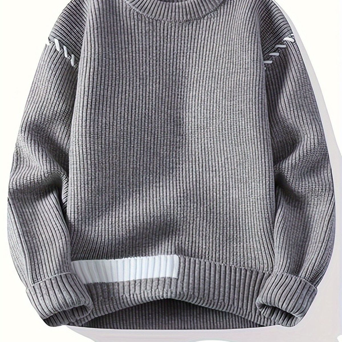 Unisex Rippstrick Pullover Rundhals mit Streifenmuster an Ärmeln und Saum
