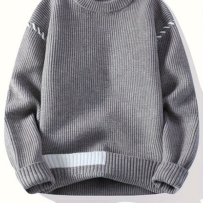 Unisex Rippstrick Pullover Rundhals mit Streifenmuster an Ärmeln und Saum